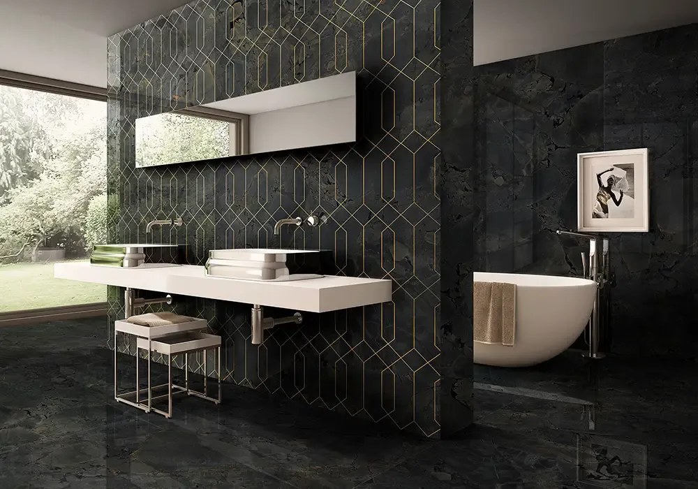 Ambiente real con porcelánico Arklam Jurassic Black 6 mm — proyecto de interiorismo