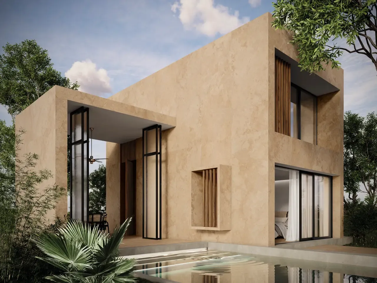 Ambiente real con porcelánico Arklam Salma Amber 6 mm — proyecto de interiorismo