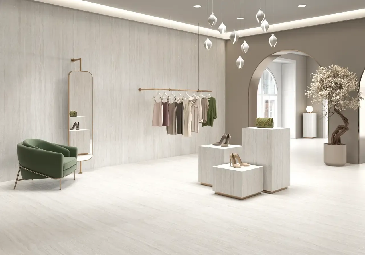 Ambiente real con porcelánico Arklam Nativa White 6 mm — proyecto de interiorismo