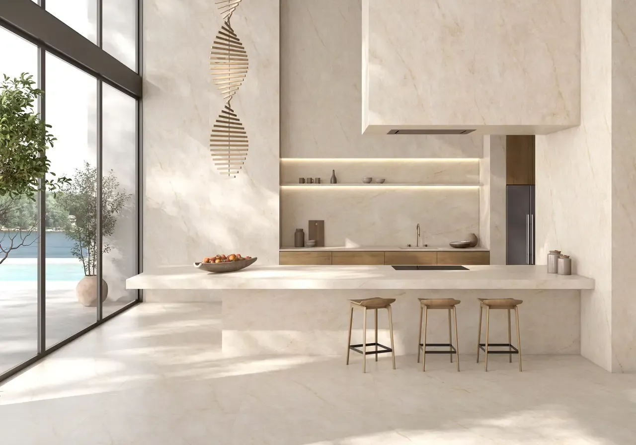 Ambiente real con porcelánico Arklam Taj Mahal 6 mm — proyecto de interiorismo