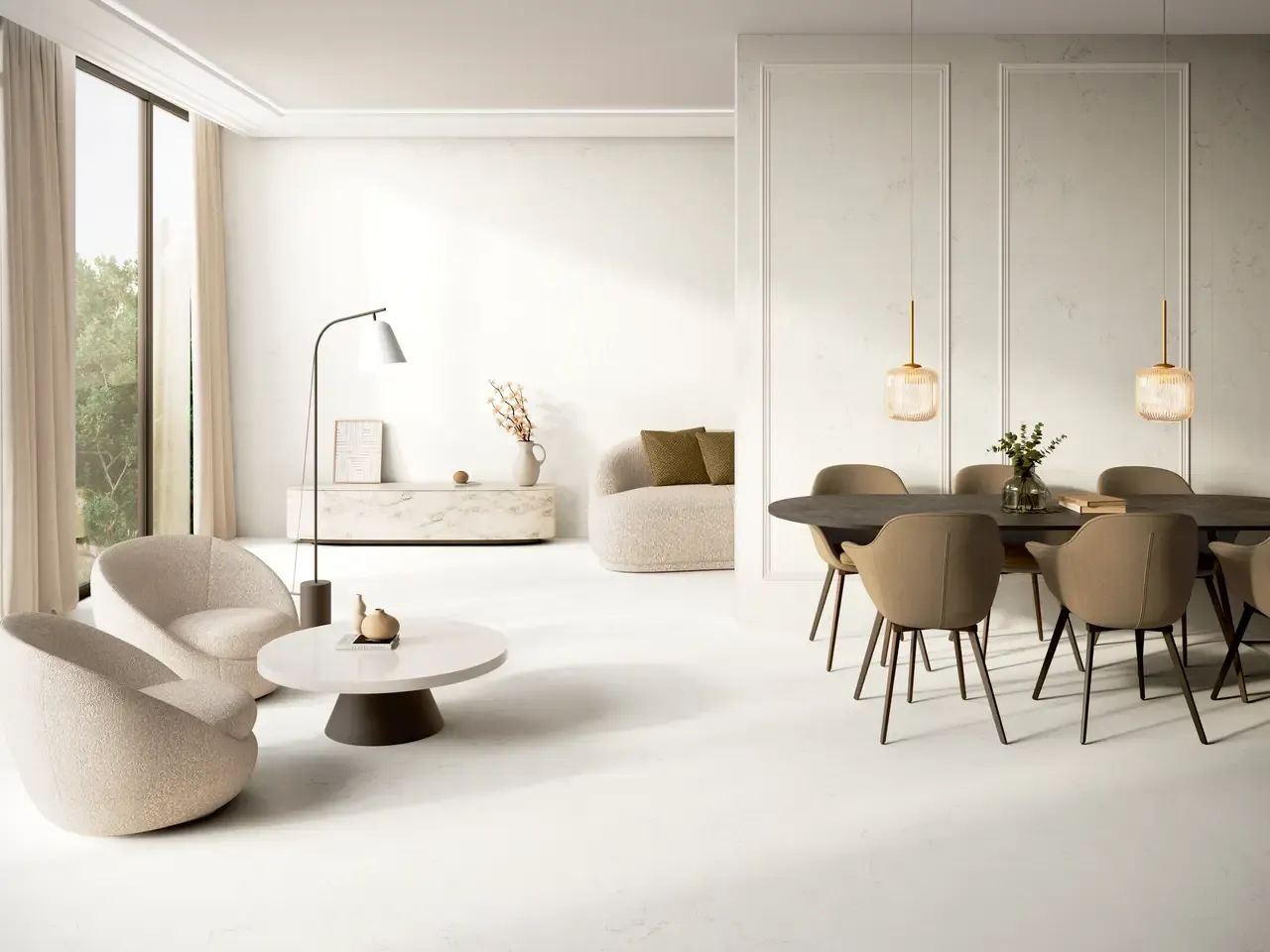 Ambiente real con porcelánico Arklam Bianco Perlino 6 mm — proyecto de interiorismo