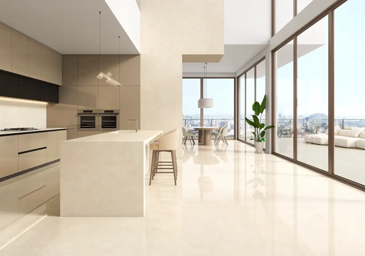 Ambiente real con porcelánico Arklam Marfil Supreme 6 mm — proyecto de interiorismo