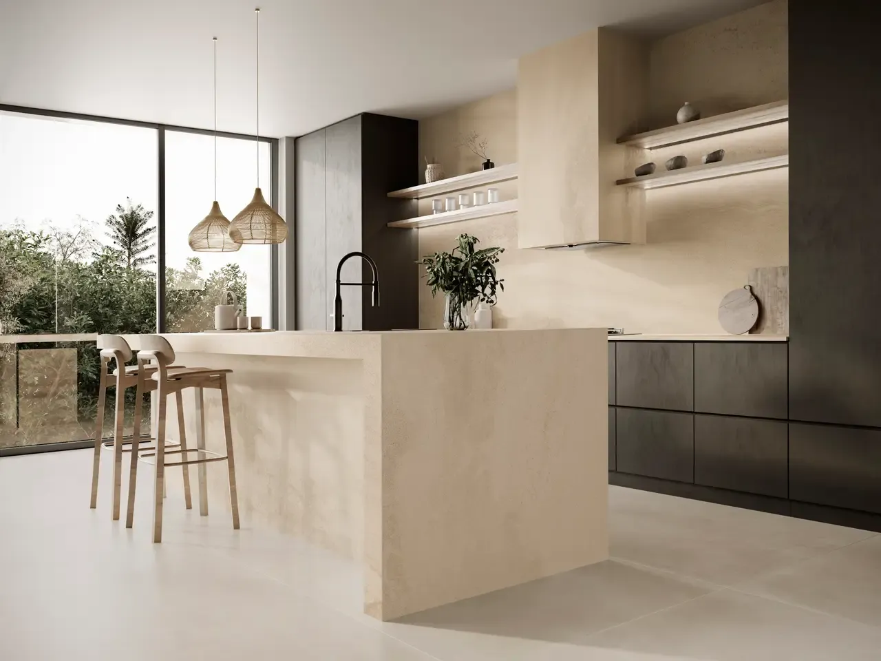 Ambiente real con porcelánico Arklam Hôm Cream 6 mm — proyecto de interiorismo