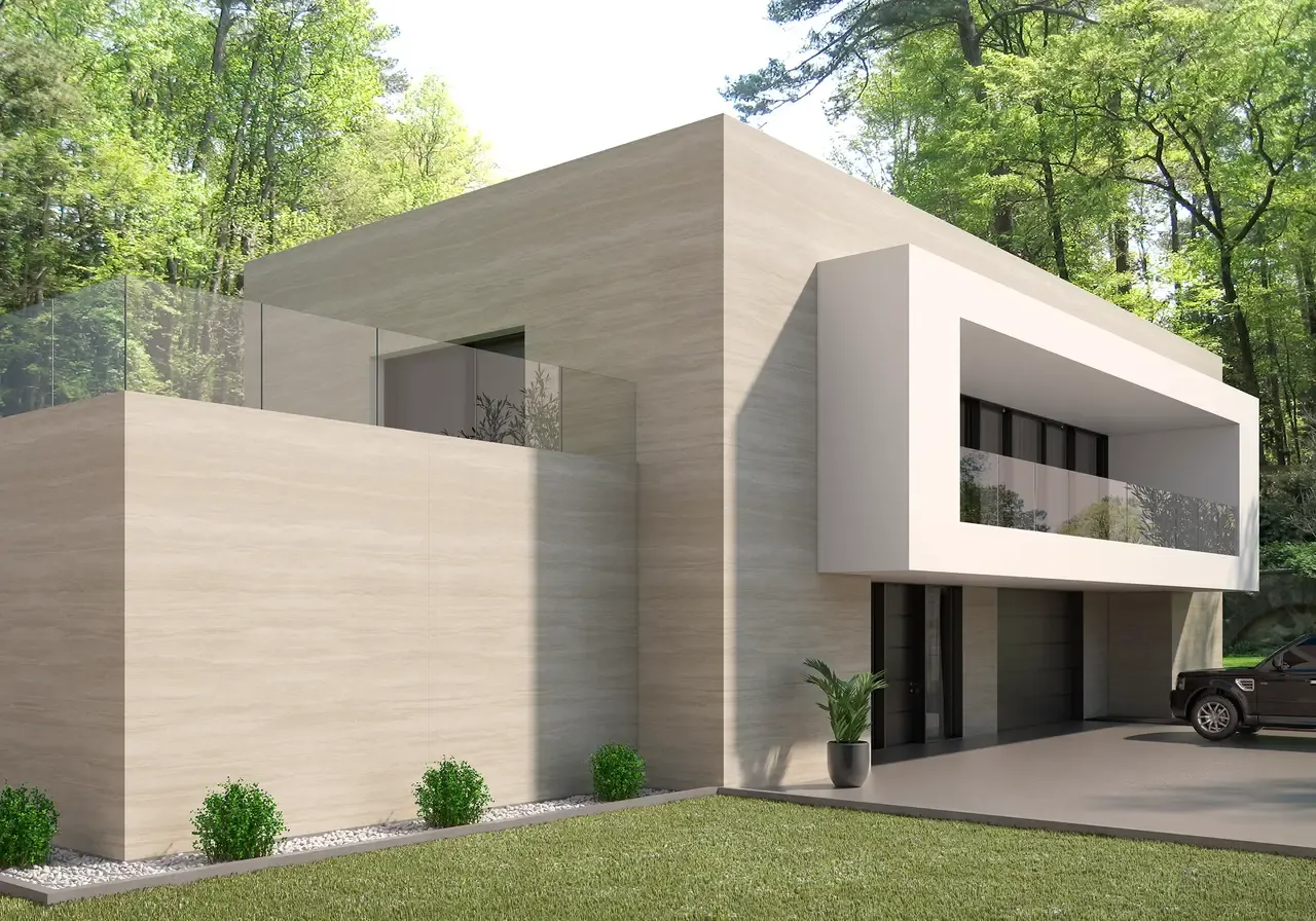 Ambiente real con porcelánico Arklam Travertine Navona 6 mm — proyecto de interiorismo