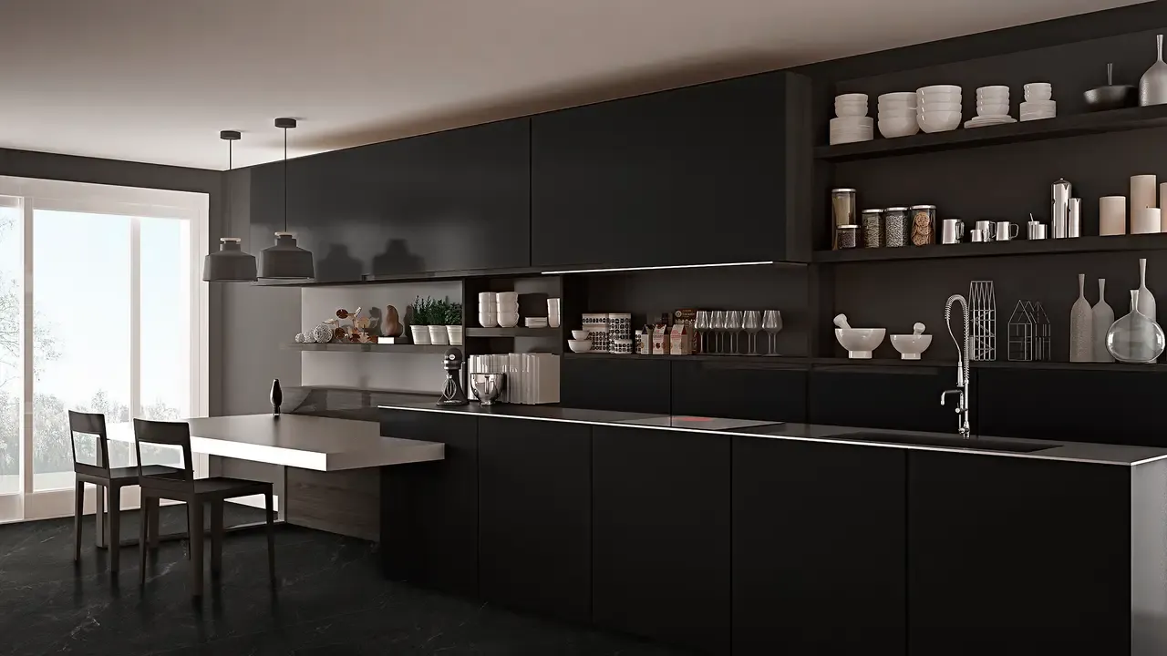 Ambiente real con porcelánico Arklam Pure Black 6 mm — proyecto de interiorismo