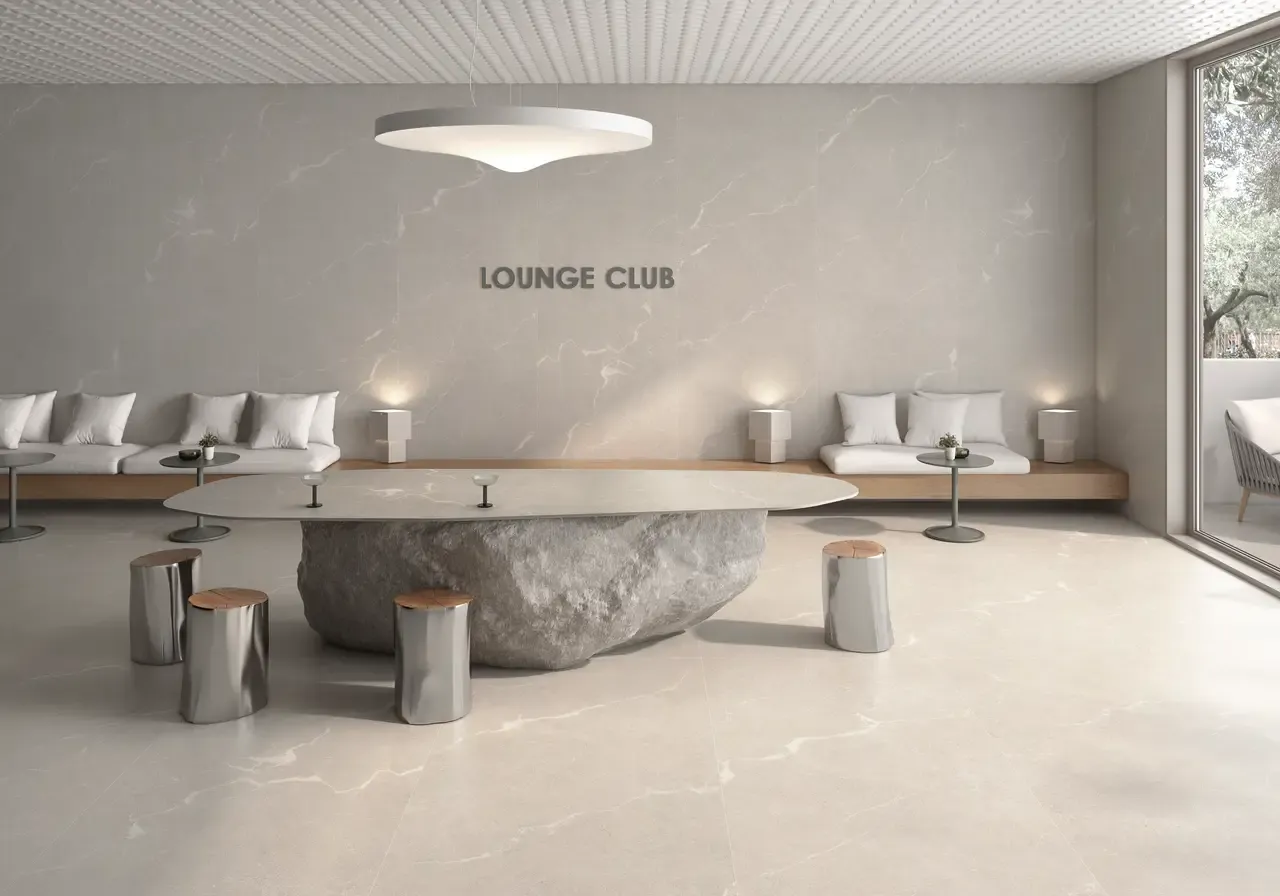 Ambiente real con porcelánico Arklam Melbourne 6 mm — proyecto de interiorismo