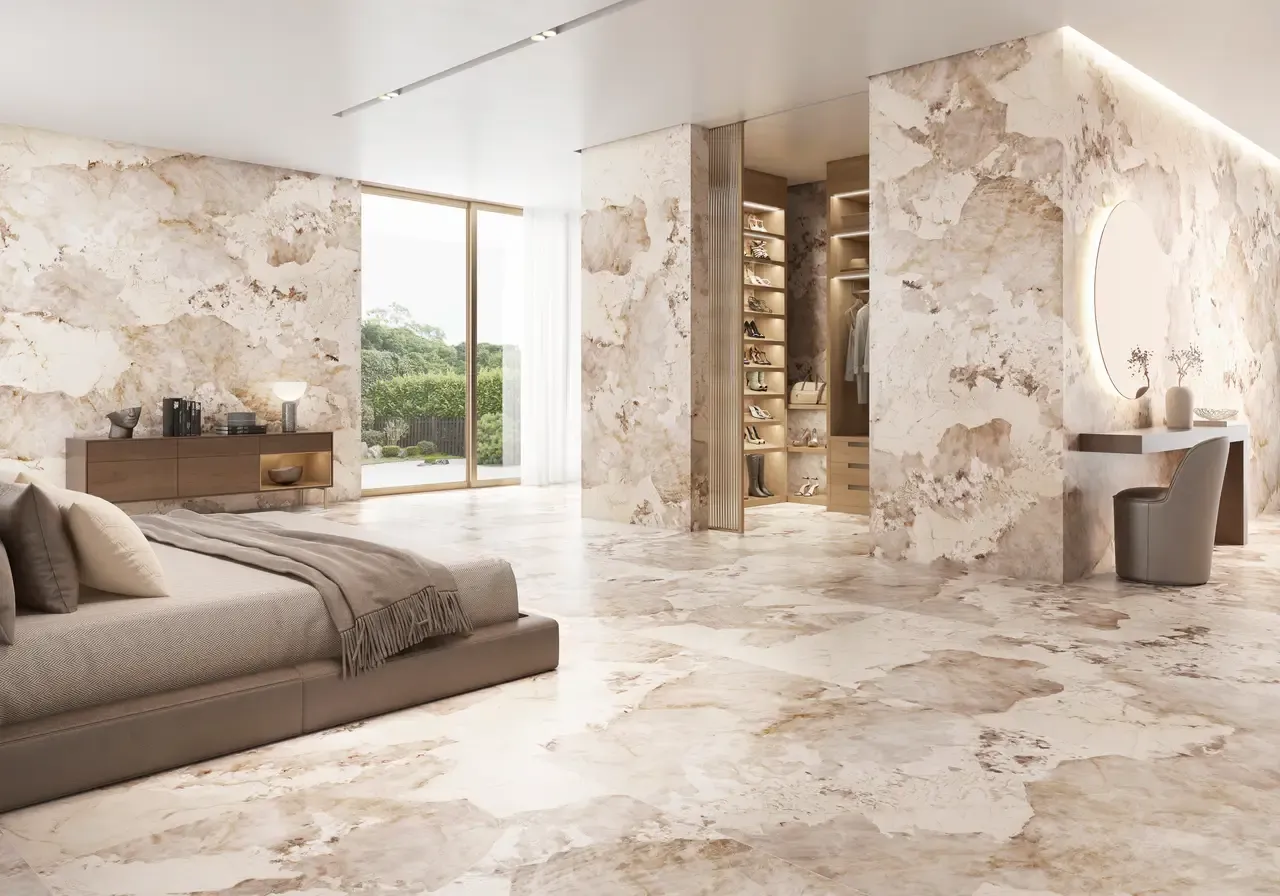 Ambiente real con porcelánico Arklam Patagonia 6 mm — proyecto de interiorismo