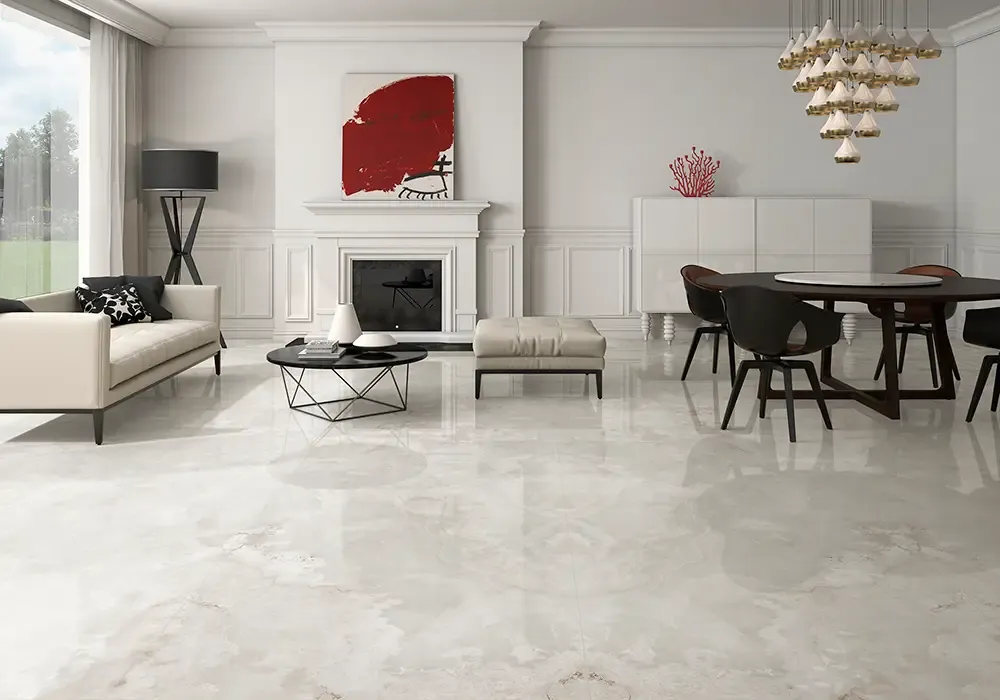 Ambiente real con porcelánico Arklam Onix Pearl 6 mm — proyecto de interiorismo