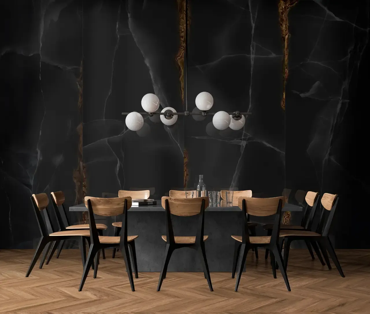 Ambiente real con porcelánico Arklam Onice Black 6 mm — proyecto de interiorismo