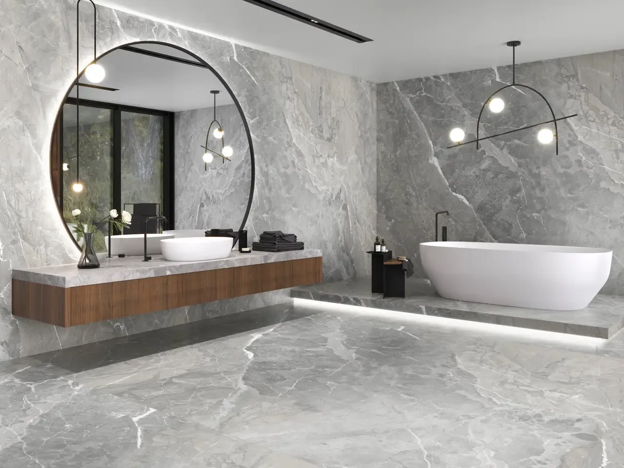Ambiente real con porcelánico Arklam Rosa Persia 6 mm — proyecto de interiorismo