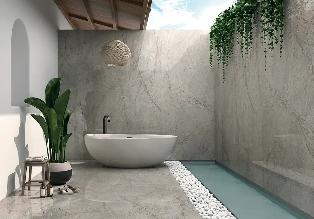 Ambiente real con porcelánico Arklam Mystic Grey 6 mm — proyecto de interiorismo