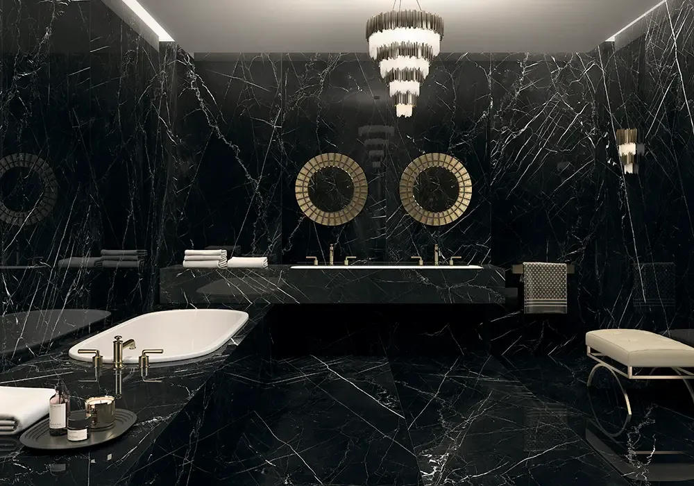 Ambiente real con porcelánico Arklam Negro Marquina 6 mm — proyecto de interiorismo