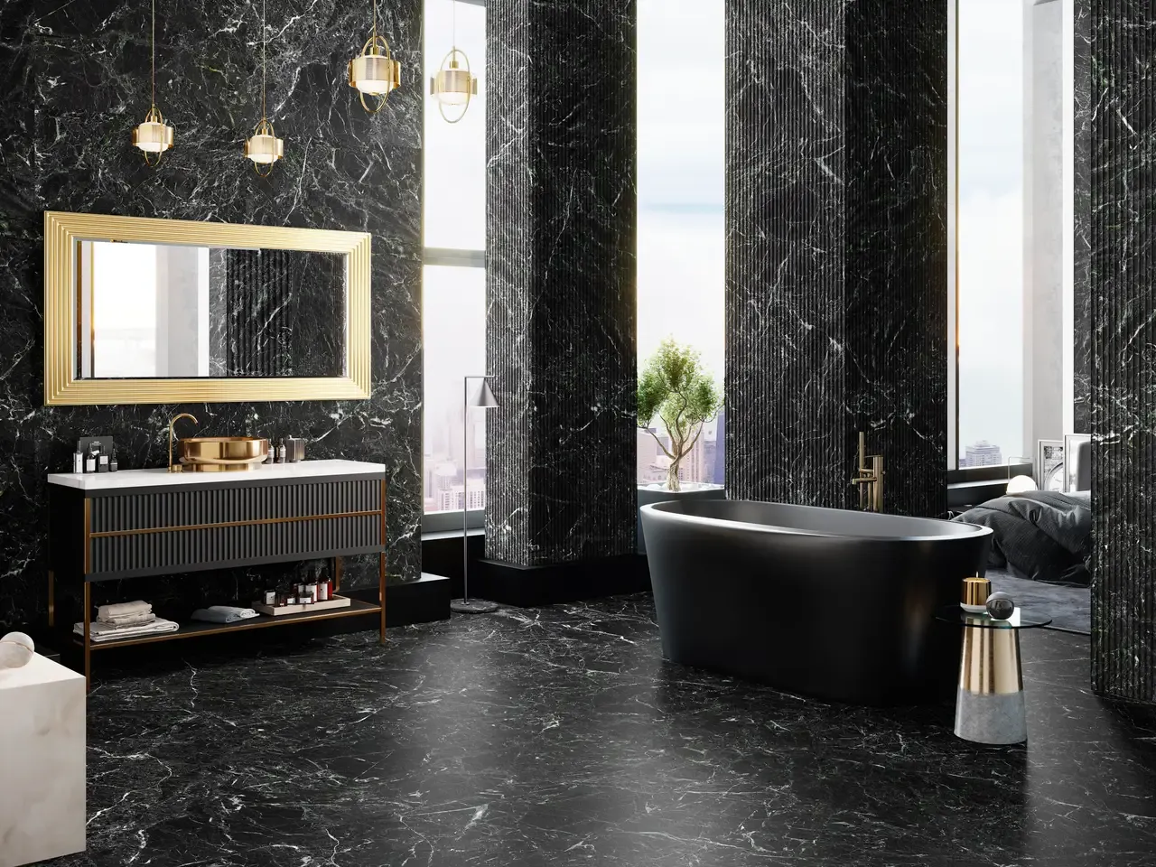 Ambiente real con porcelánico Arklam Caviar Green 6 mm — proyecto de interiorismo