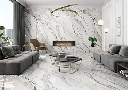 Ambiente real con porcelánico Arklam Calacatta Paonazzo 6 mm — proyecto de interiorismo