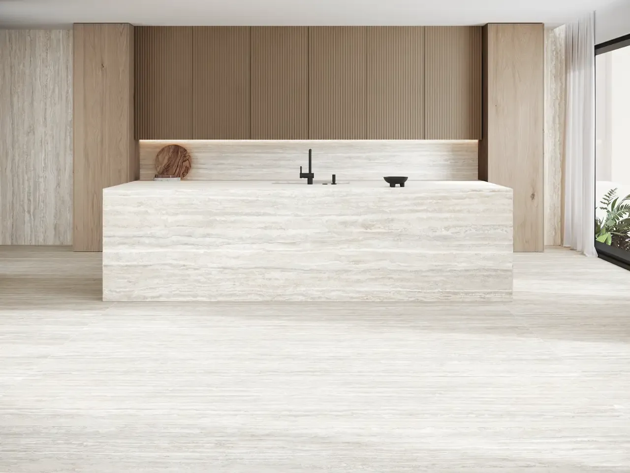 Ambiente real con porcelánico Arklam Nativa White 6 mm — proyecto de interiorismo