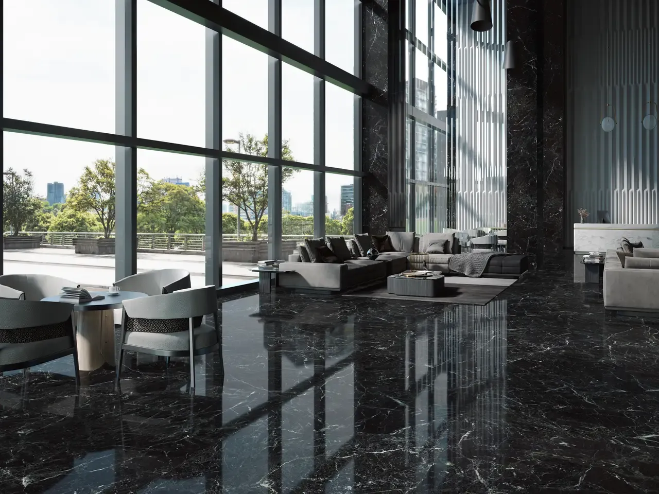 Ambiente real con porcelánico Arklam Caviar Green 6 mm — proyecto de interiorismo