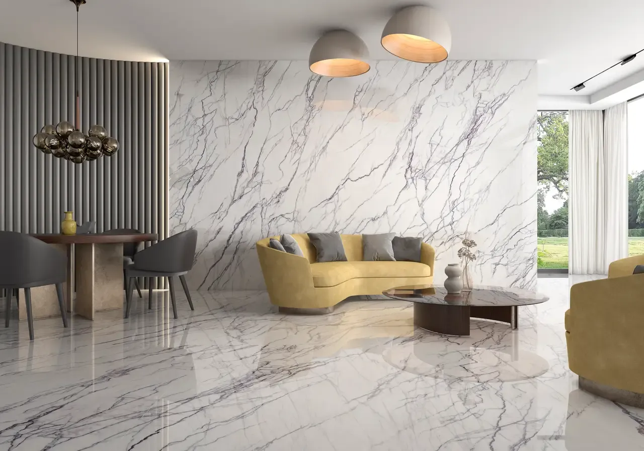 Ambiente real con porcelánico Arklam Lilac 6 mm — proyecto de interiorismo
