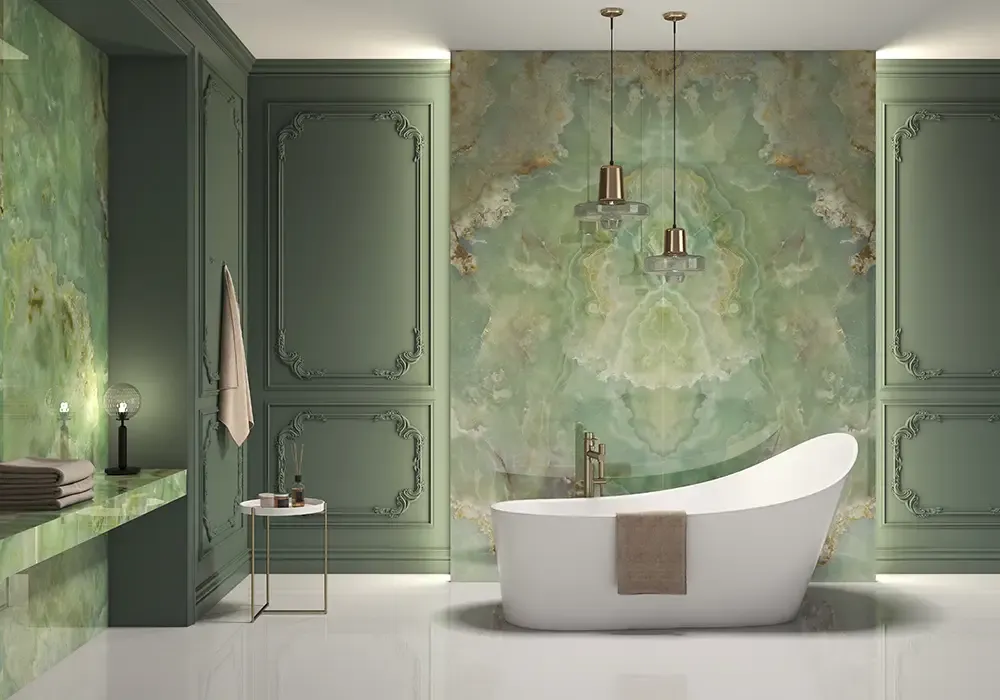 Ambiente real con porcelánico Arklam Onix Jade 6 mm — proyecto de interiorismo