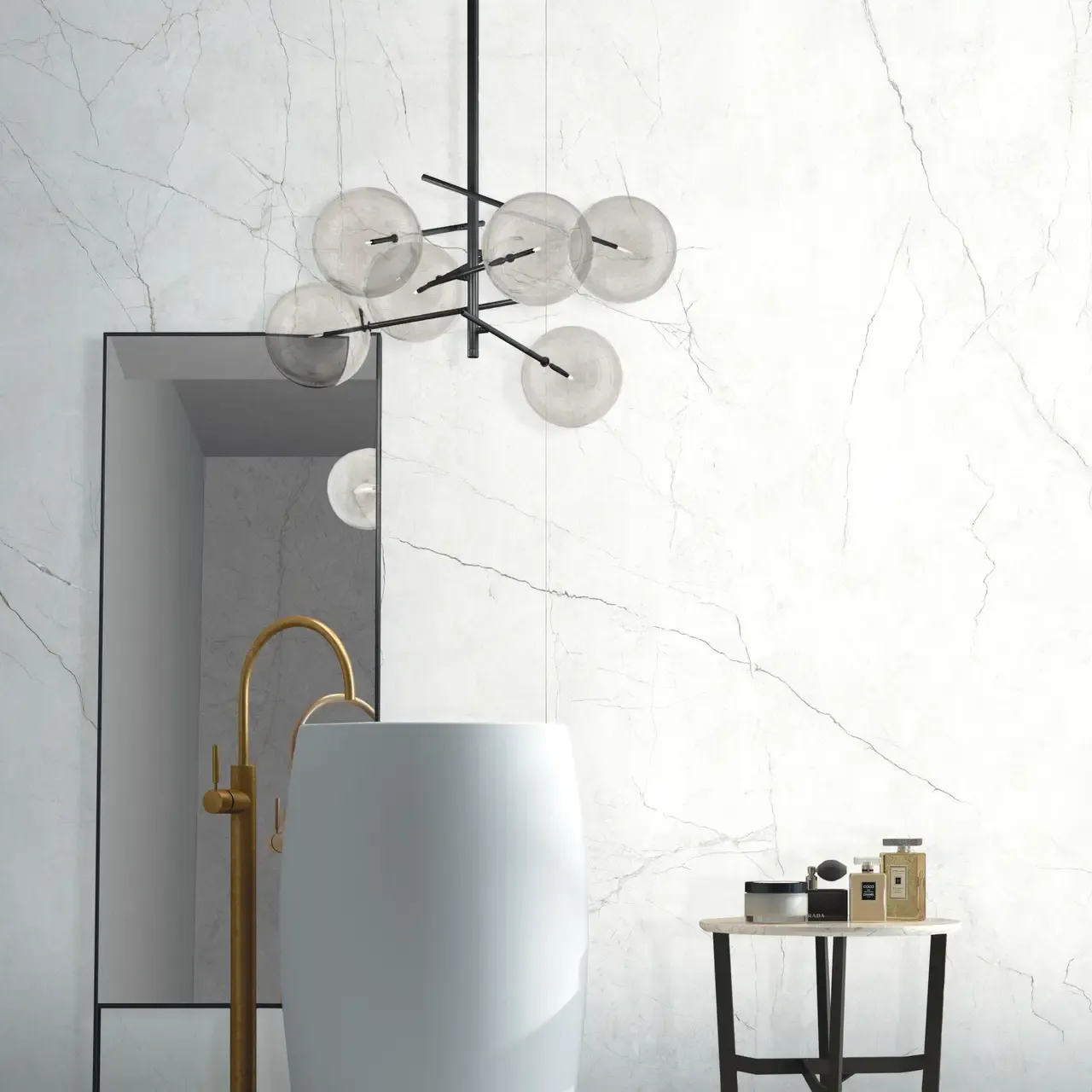 Ambiente real con porcelánico Arklam Omnia White 6 mm — proyecto de interiorismo
