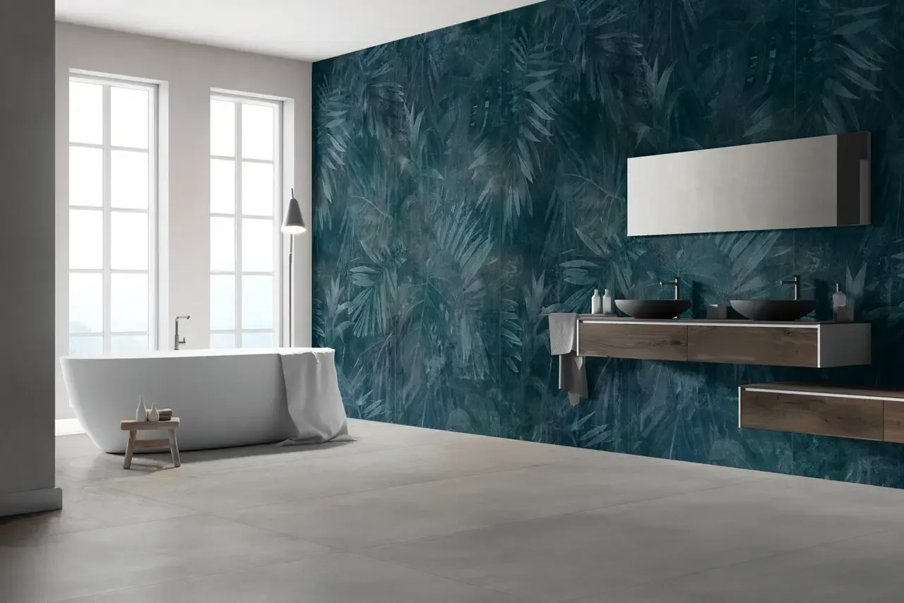 Ambiente real con porcelánico Arklam Phoenix Blue 6 mm — proyecto de interiorismo
