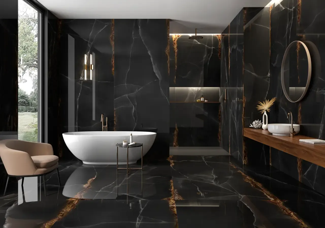 Ambiente real con porcelánico Arklam Onice Black 6 mm — proyecto de interiorismo