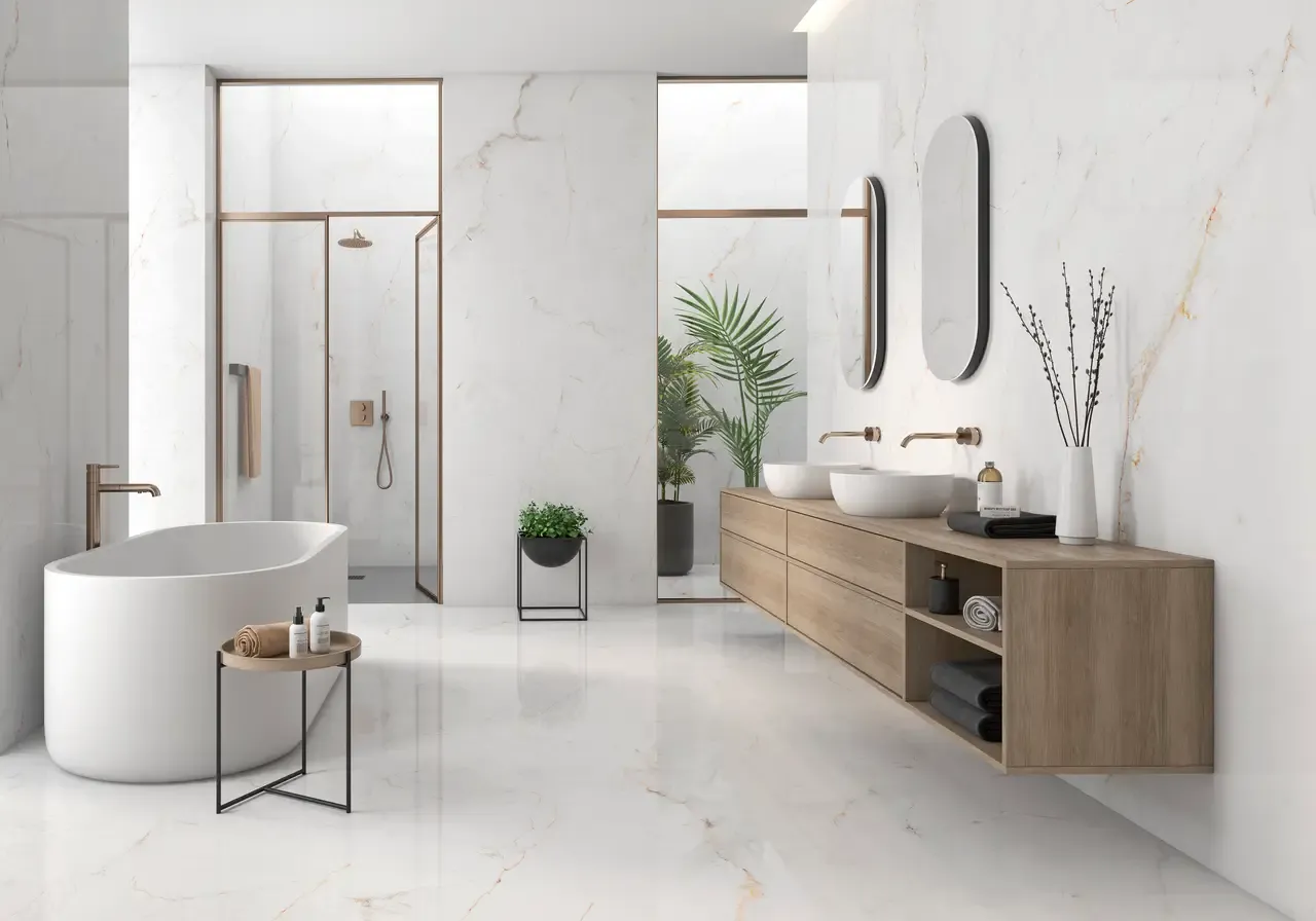 Ambiente real con porcelánico Arklam Syrac 6 mm — proyecto de interiorismo