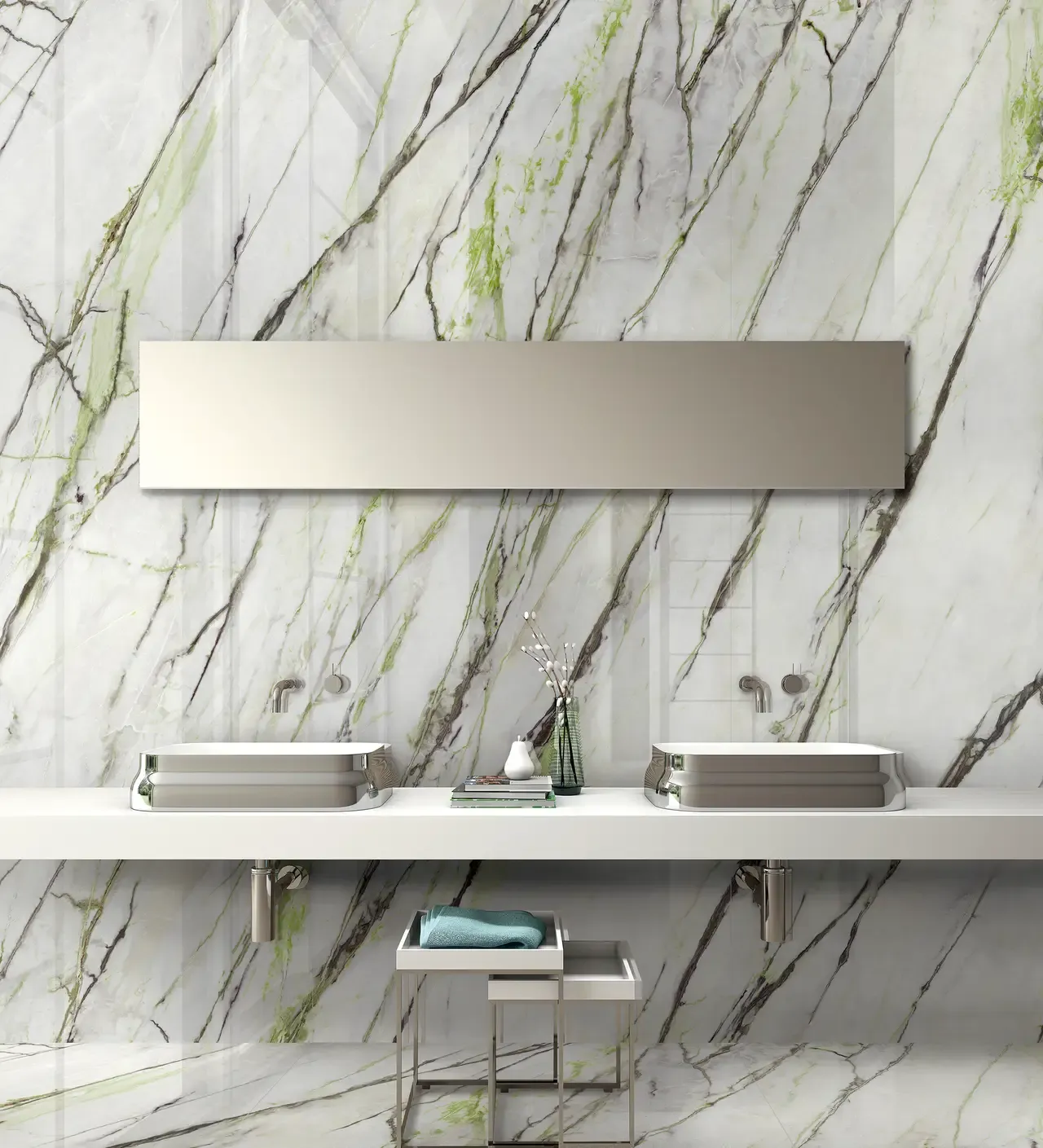 Ambiente real con porcelánico Arklam Calacatta Green 6 mm — proyecto de interiorismo