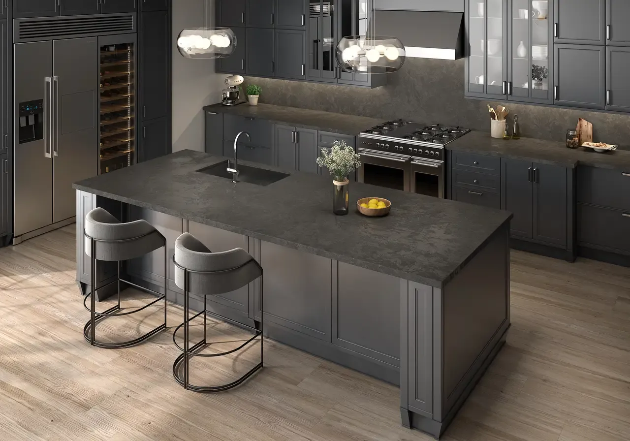 Ambiente real con porcelánico Arklam Vulcano 6 mm — proyecto de interiorismo