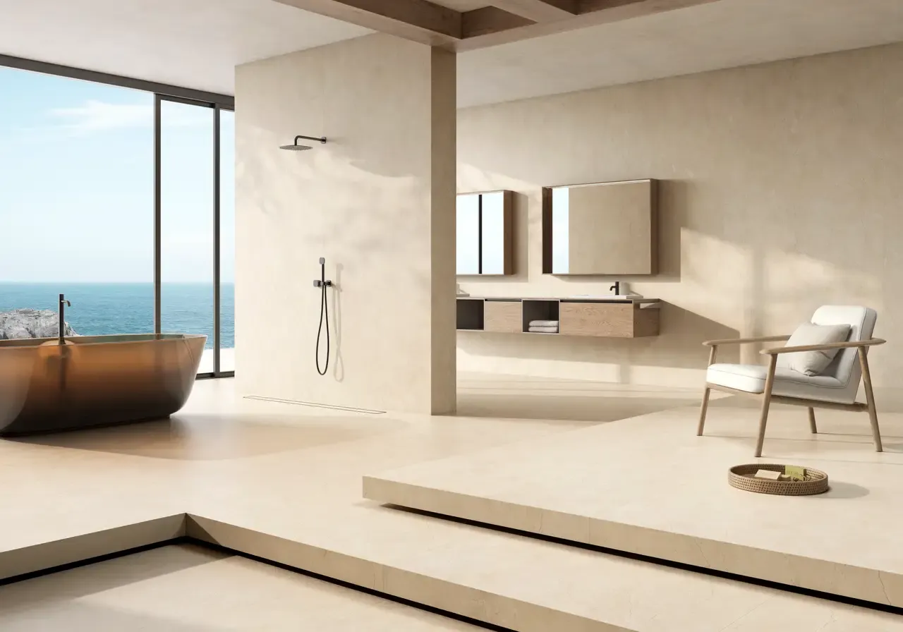 Ambiente real con porcelánico Arklam Marfil Supreme 6 mm — proyecto de interiorismo