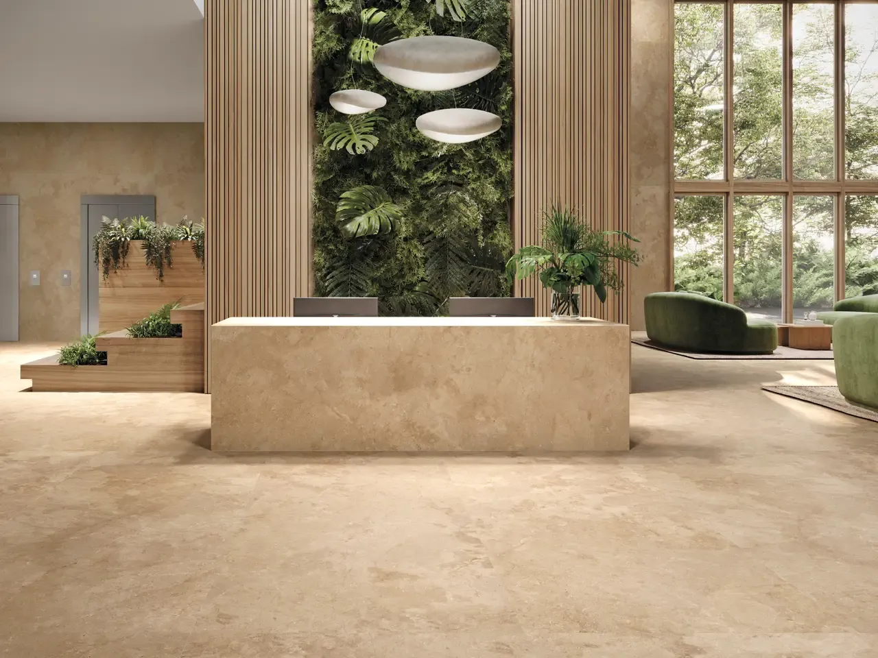 Ambiente real con porcelánico Arklam Salma Amber 6 mm — proyecto de interiorismo