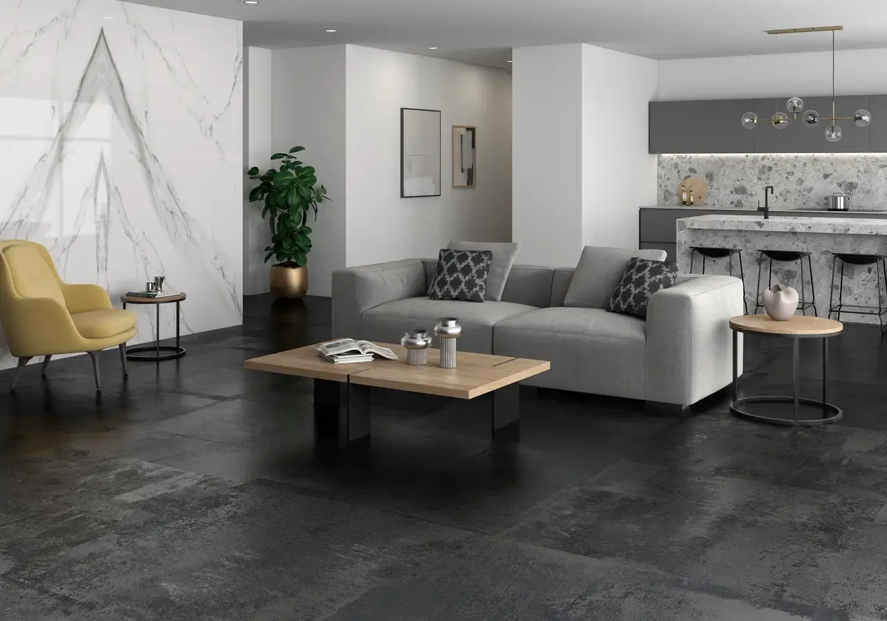 Ambiente real con porcelánico Arklam Atlantis 6 mm — proyecto de interiorismo