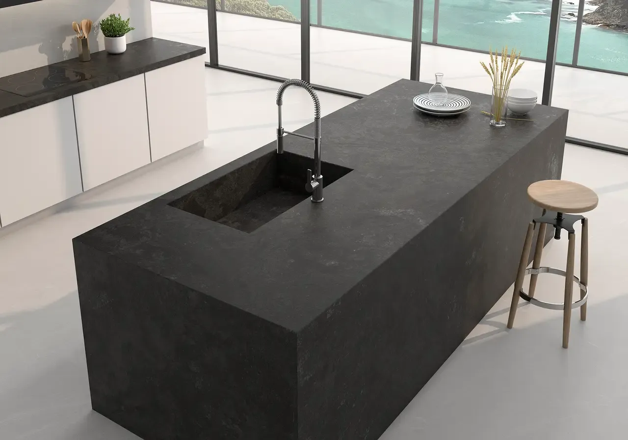 Ambiente real con porcelánico Arklam Vulcano 6 mm — proyecto de interiorismo