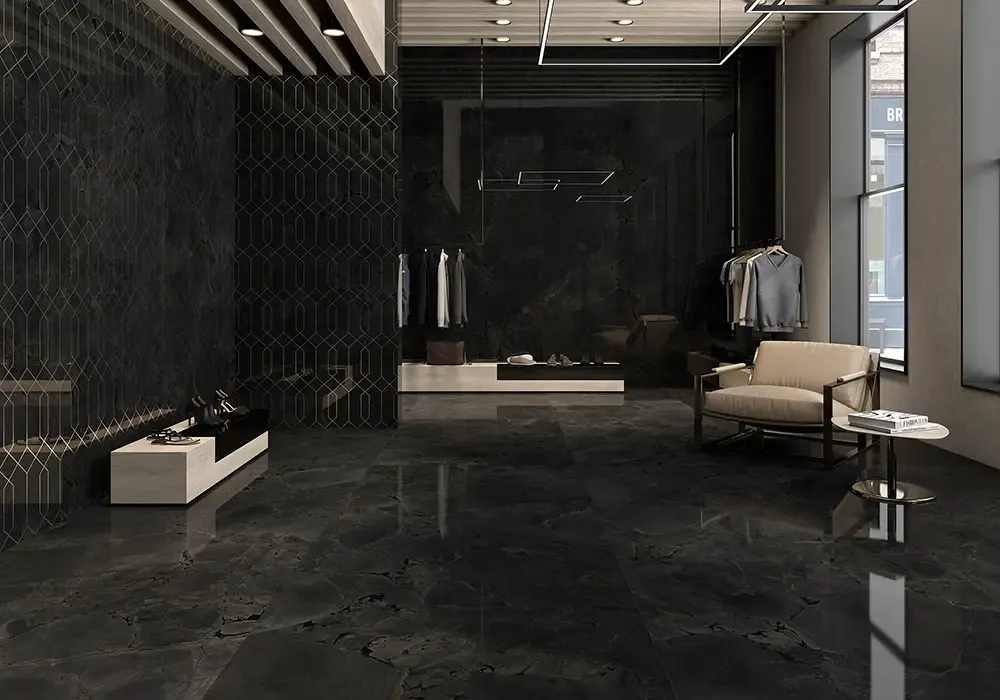 Ambiente real con porcelánico Arklam Jurassic Black 6 mm — proyecto de interiorismo