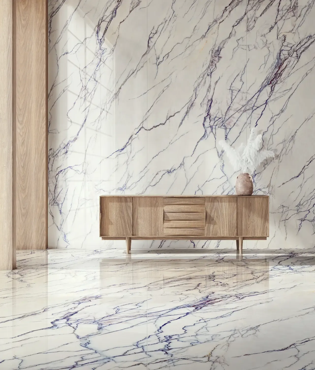 Ambiente real con porcelánico Arklam Lilac 6 mm — proyecto de interiorismo