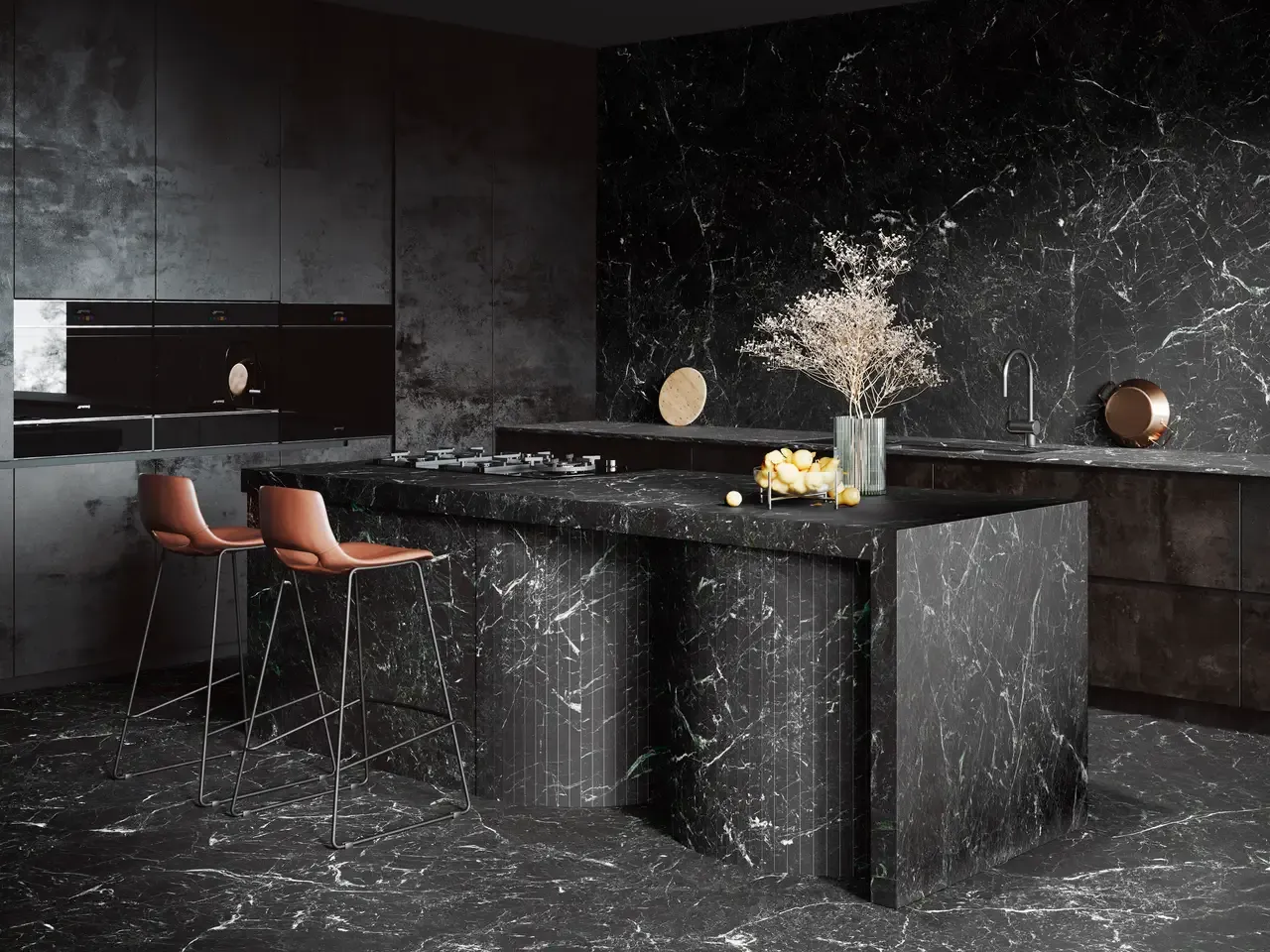 Ambiente real con porcelánico Arklam Caviar Green 6 mm — proyecto de interiorismo