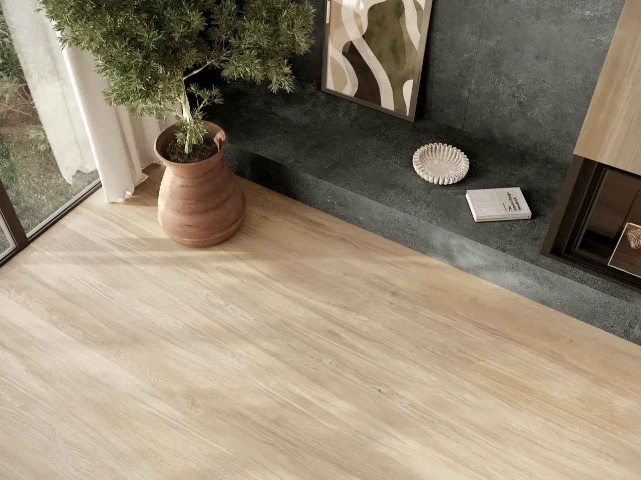 Ambiente real con porcelánico Arklam Lisboa Light 6 mm — proyecto de interiorismo