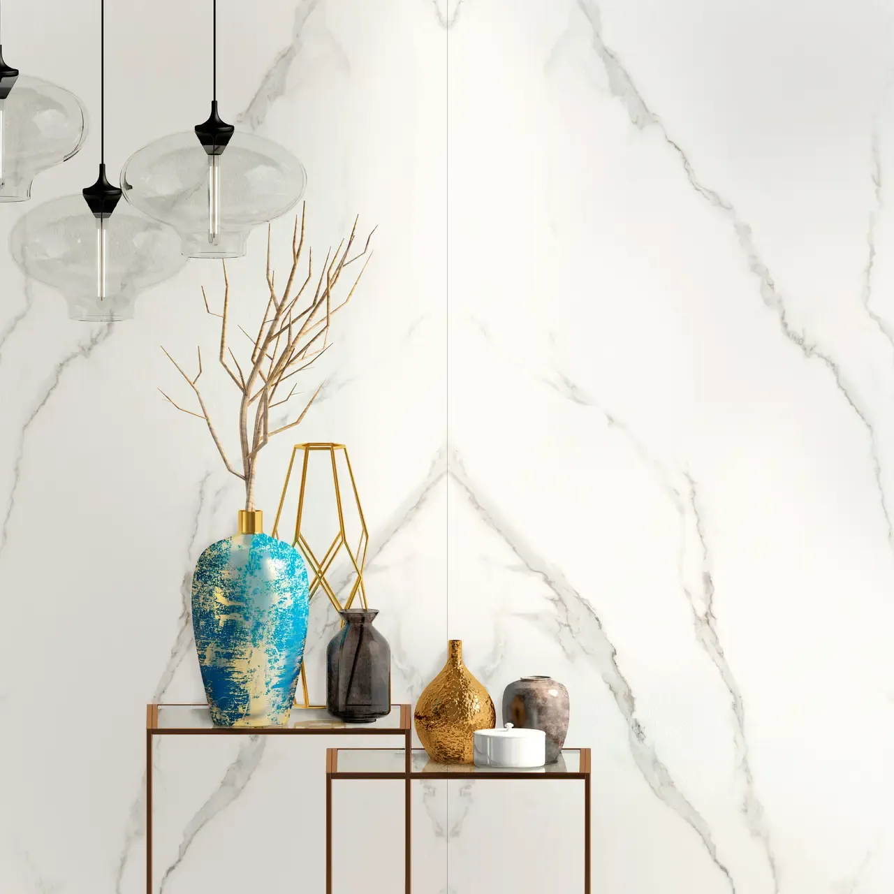 Ambiente real con porcelánico Arklam Estatuario 6 mm — proyecto de interiorismo