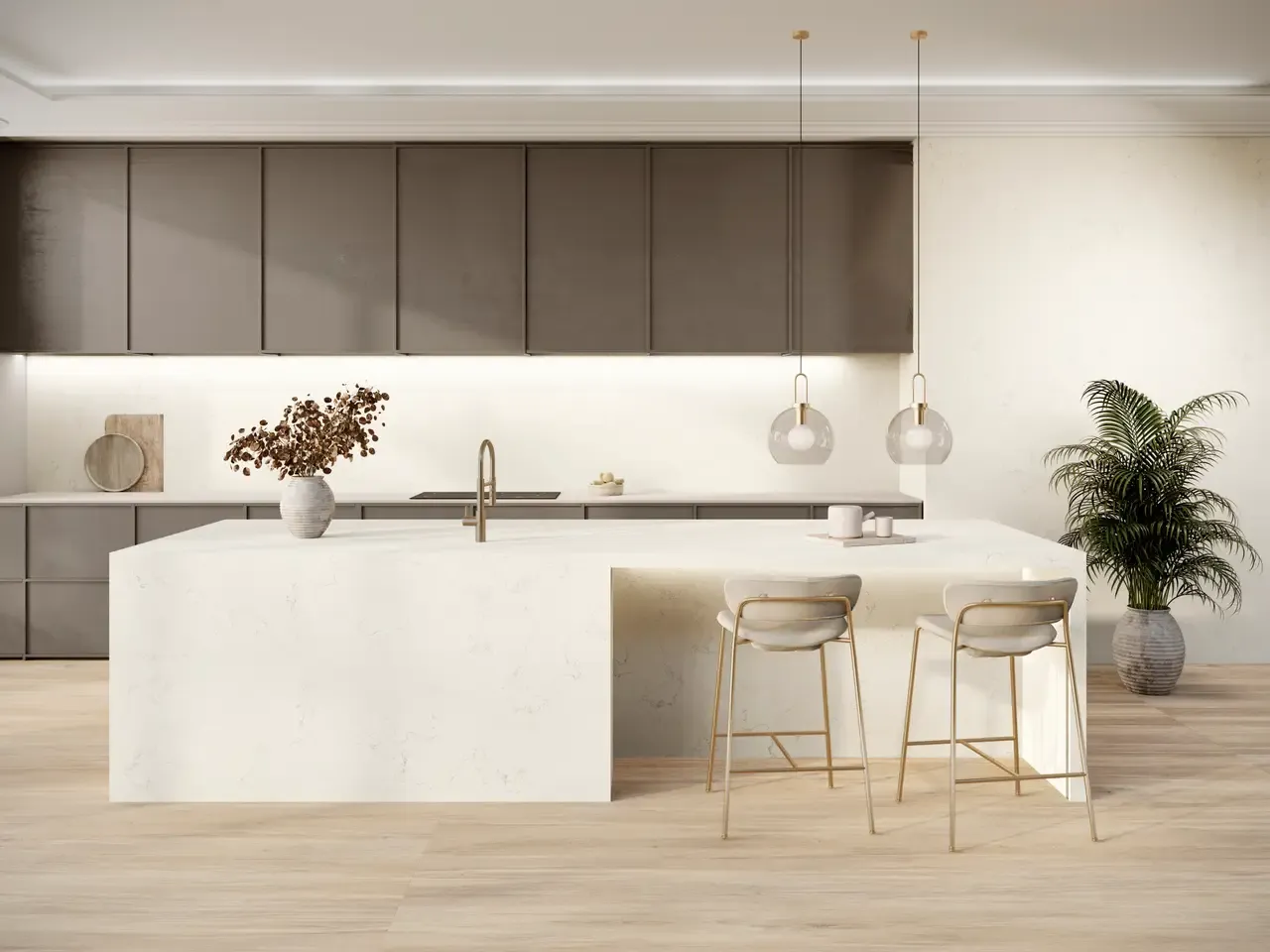 Ambiente real con porcelánico Arklam Bianco Perlino 6 mm — proyecto de interiorismo