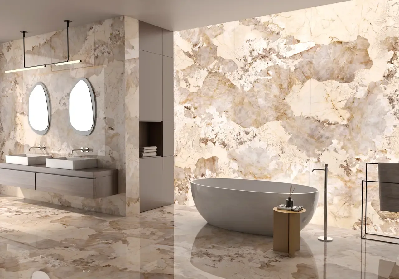 Ambiente real con porcelánico Arklam Patagonia 6 mm — proyecto de interiorismo