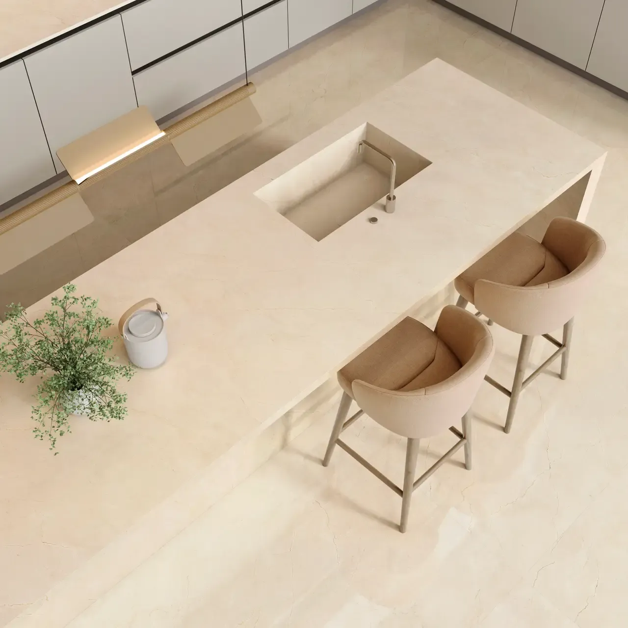 Ambiente real con porcelánico Arklam Marfil Supreme 6 mm — proyecto de interiorismo