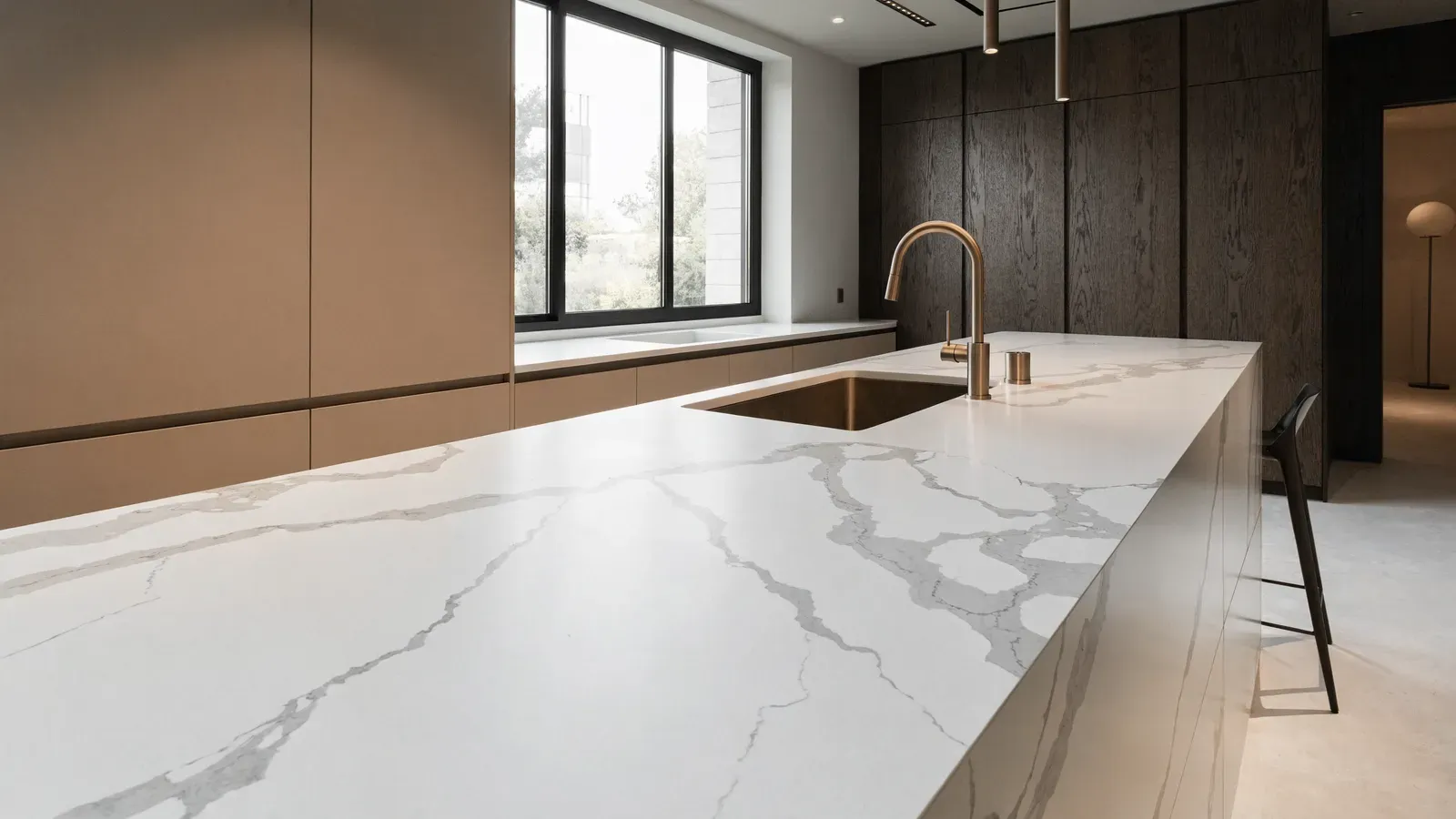 Cocina moderna con isla y encimera de porcelánico de gran formato imitación mármol
