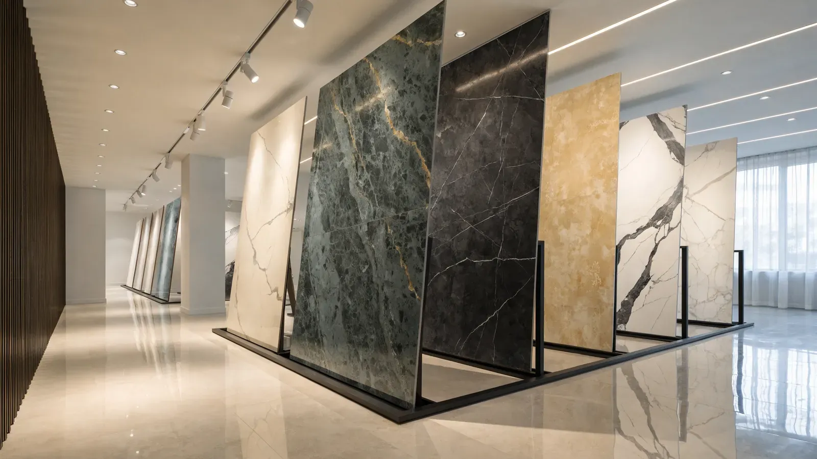 Showroom con placas de porcelánico de gran formato expuestas en vertical
