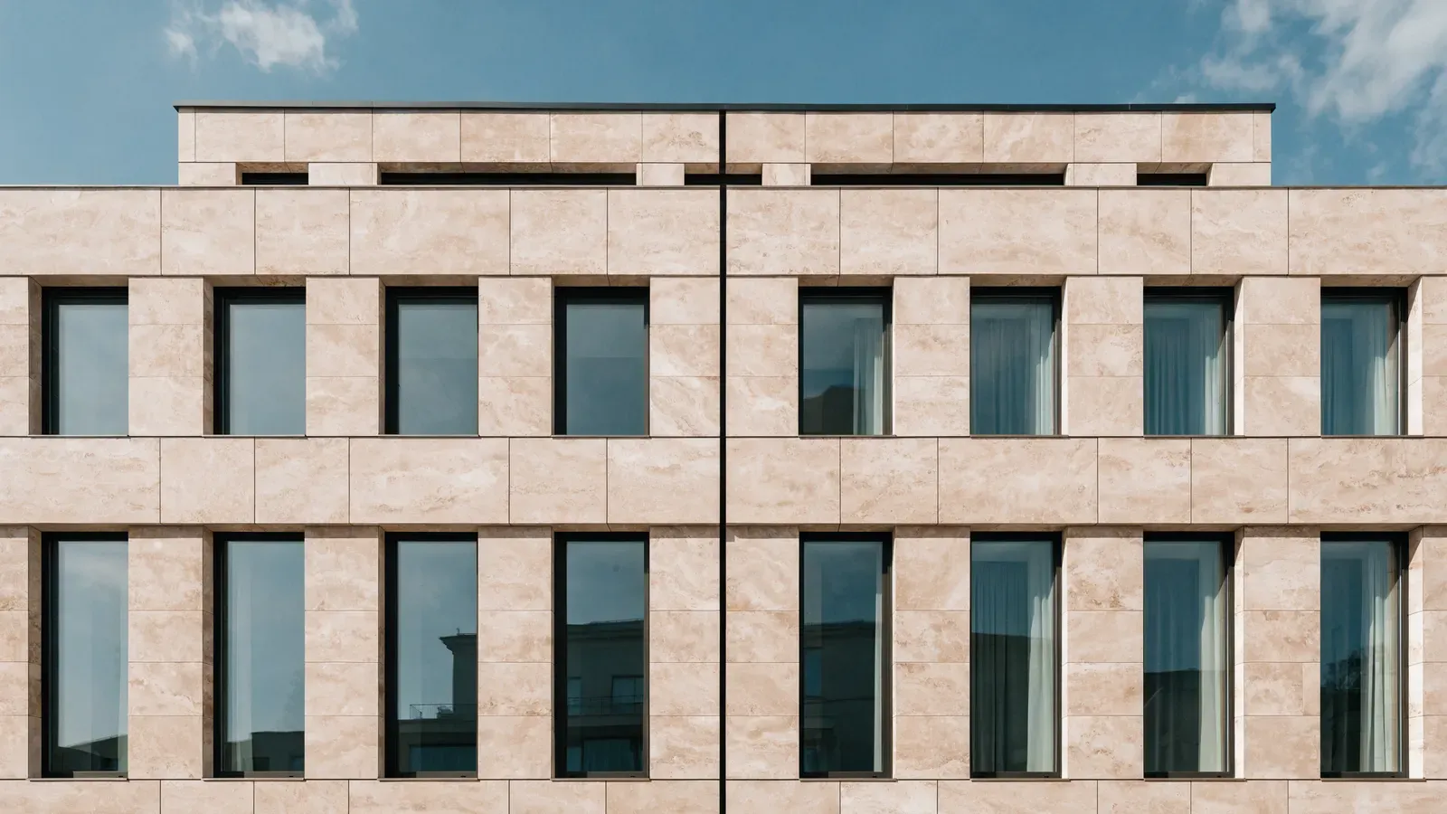 Fachada de edificio revestida con placas de porcelánico de gran formato en tono travertino