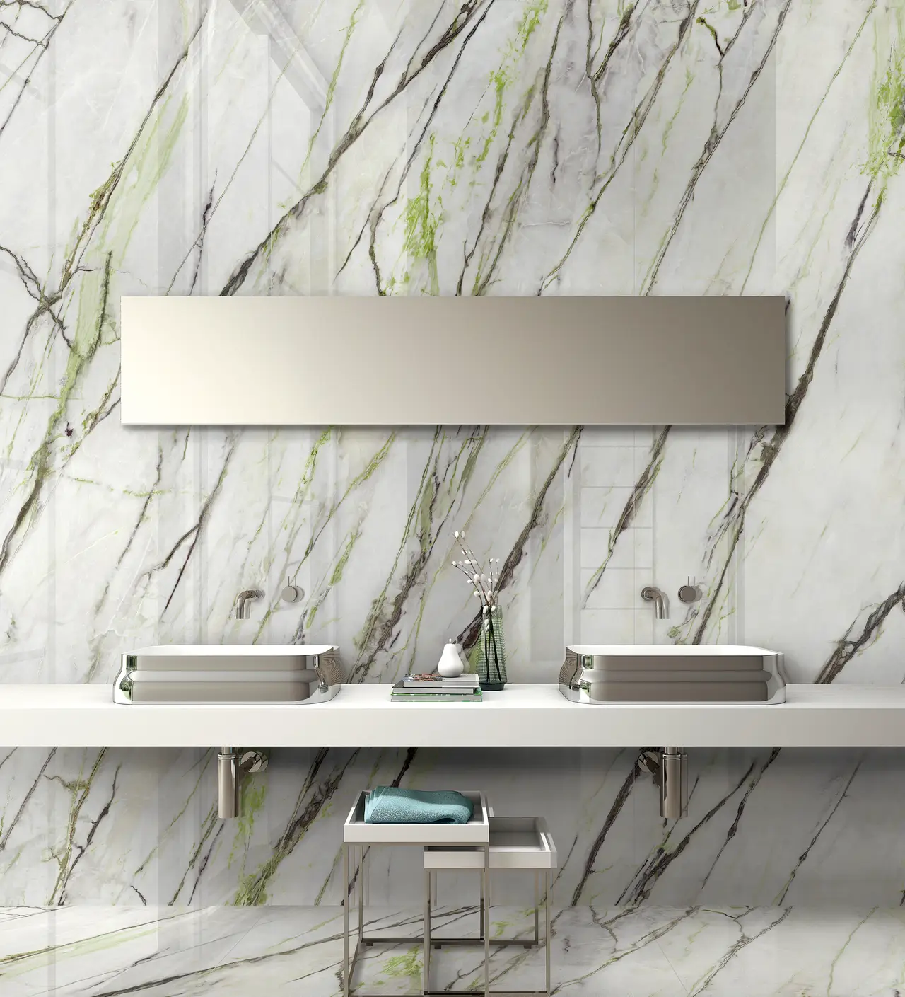 Ambiente real con porcelánico Arklam Calacatta Green 6 mm — proyecto de interiorismo
