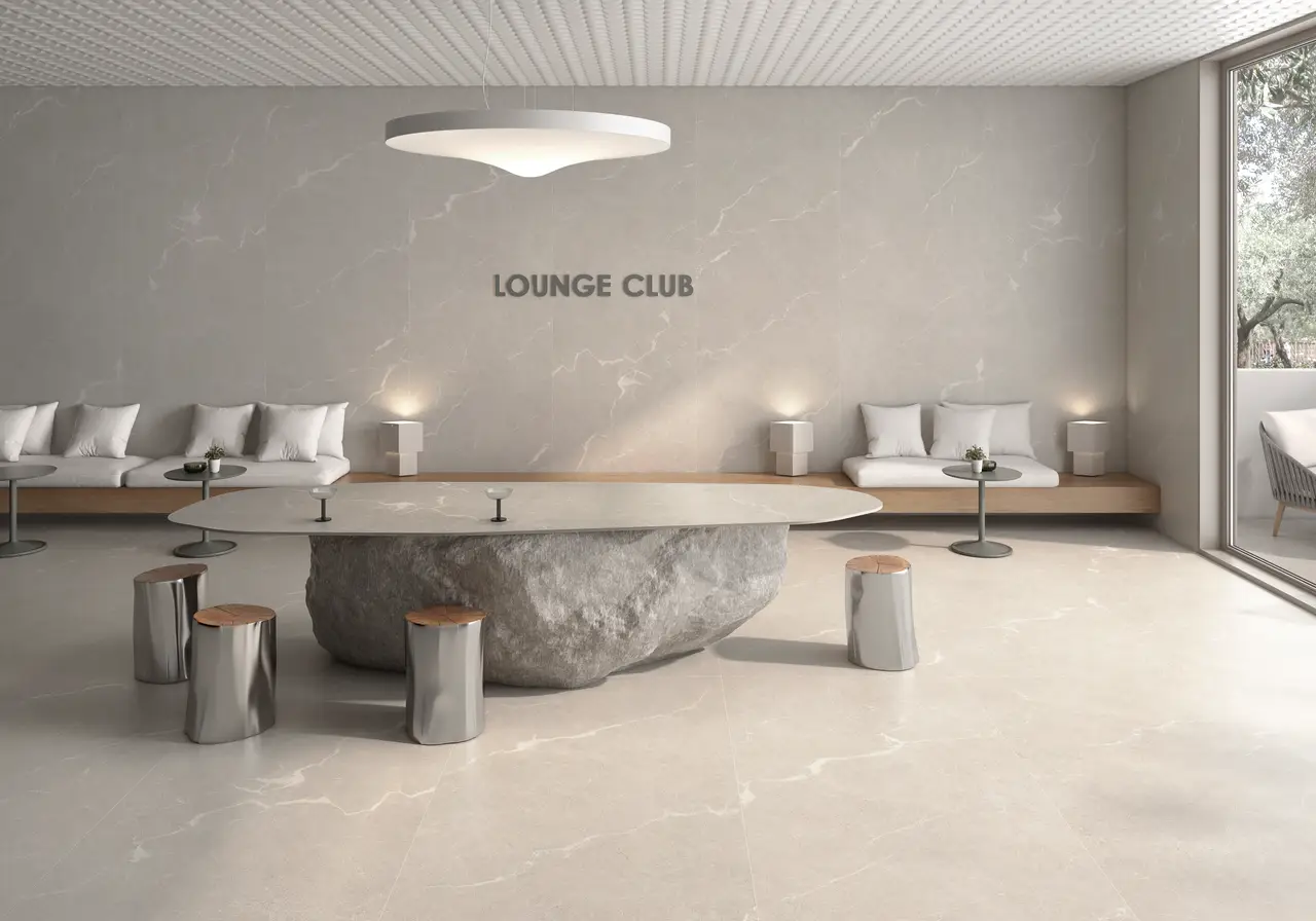 Ambiente real con porcelánico Arklam Gris Levante 6 mm — proyecto de interiorismo