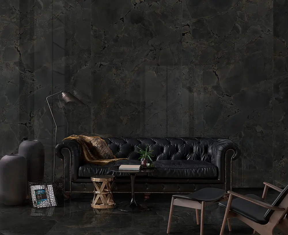 Ambiente real con porcelánico Arklam Jurassic Black 6 mm — proyecto de interiorismo