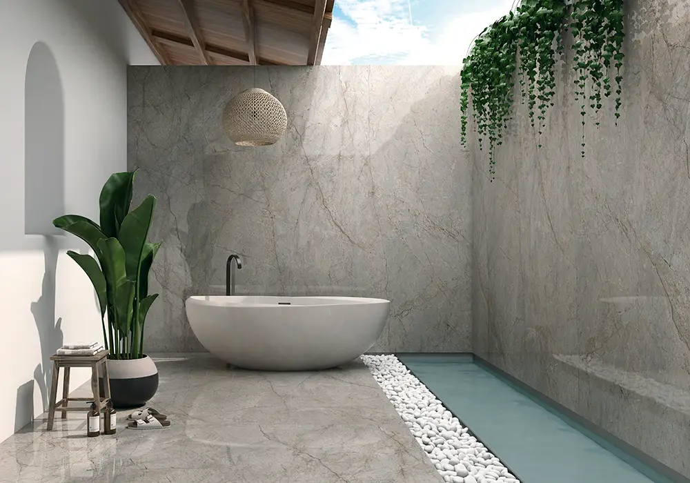 Ambiente real con porcelánico Arklam Mystic Grey 6 mm — proyecto de interiorismo