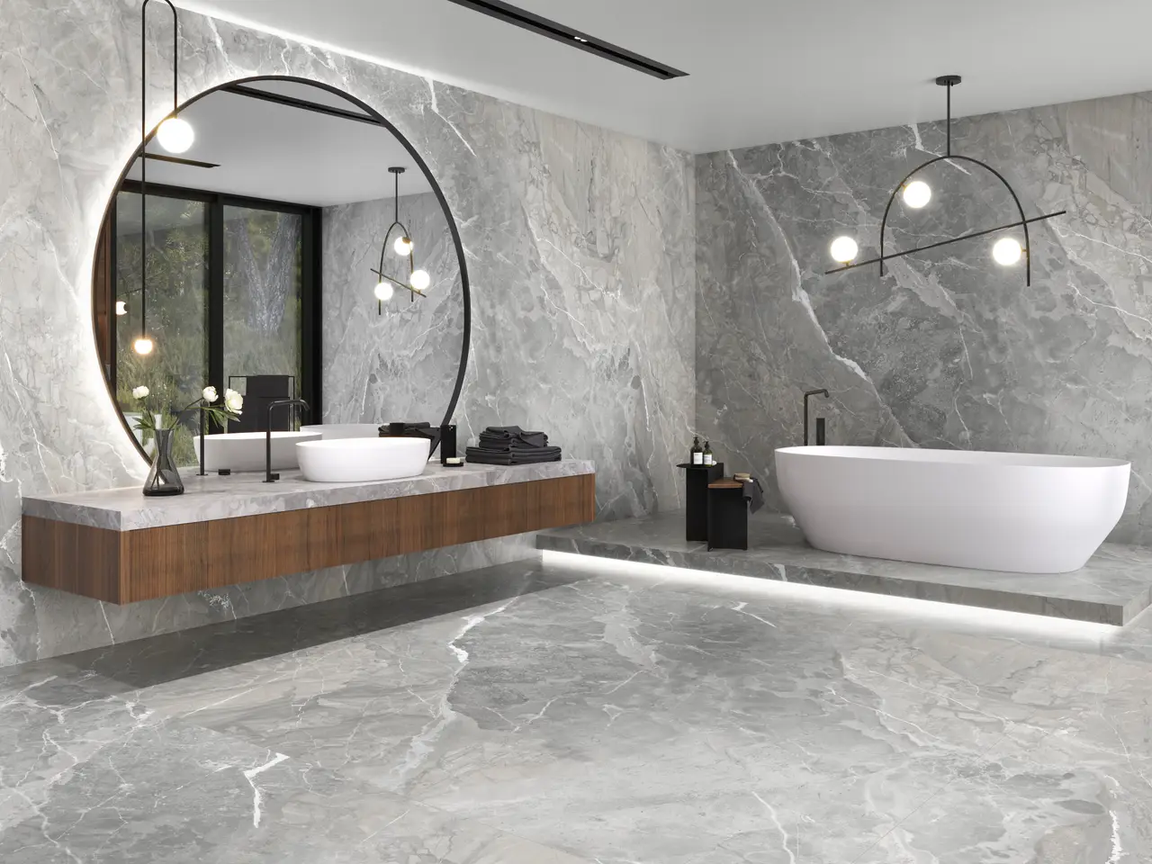 Ambiente real con porcelánico Arklam Rosa Persia 6 mm — proyecto de interiorismo