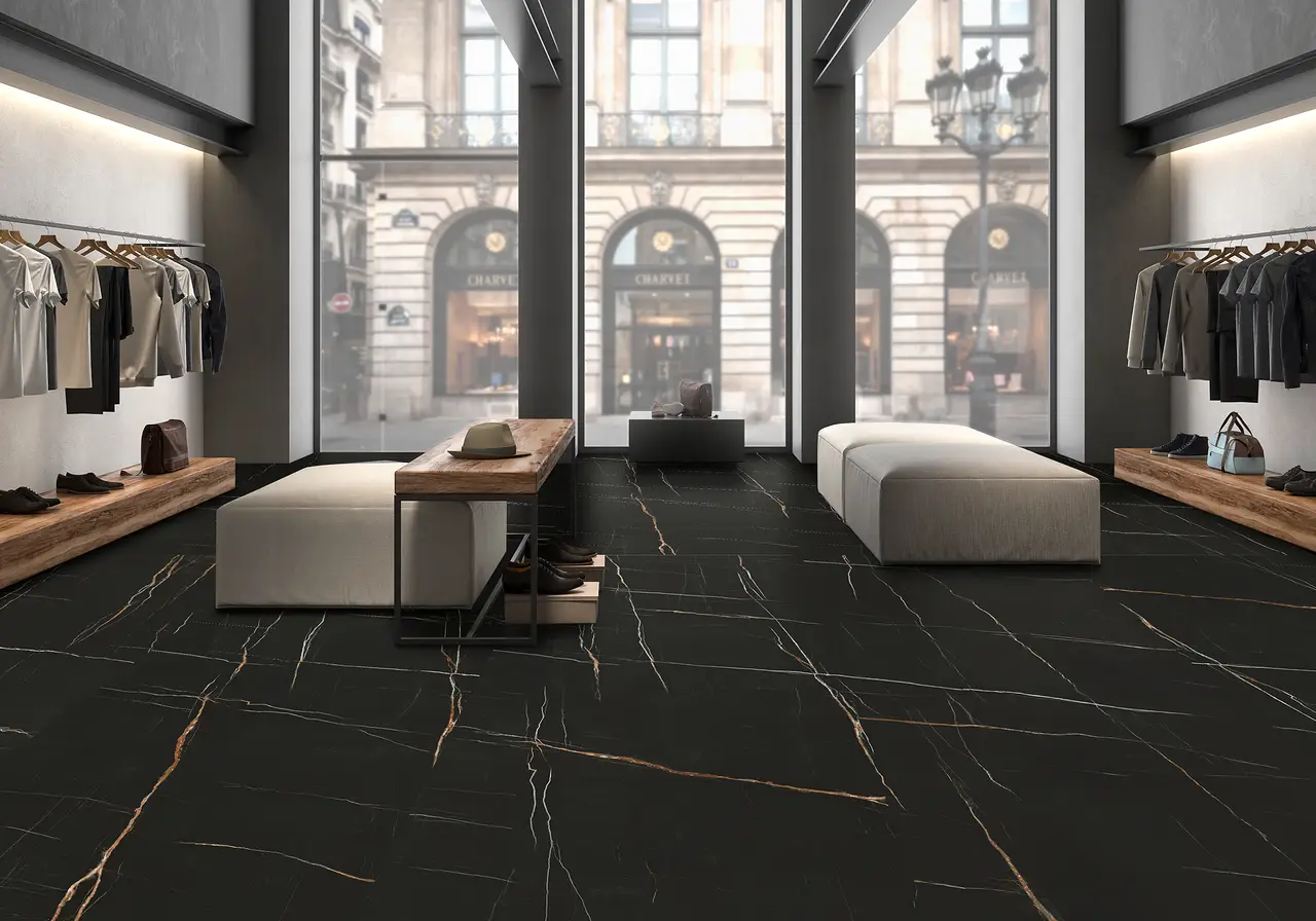 Ambiente real con porcelánico Arklam Sahara Noir 6 mm — proyecto de interiorismo