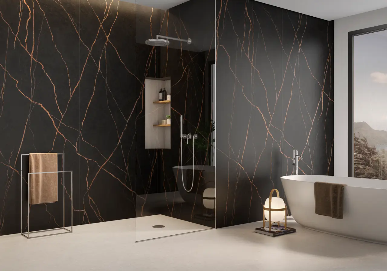 Ambiente real con porcelánico Arklam Saint Laurent 6 mm — proyecto de interiorismo